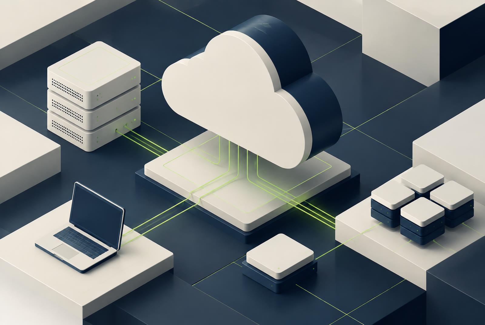 Abstract isometric illustration of cloud infrastructure with servers connected by fine lime lines