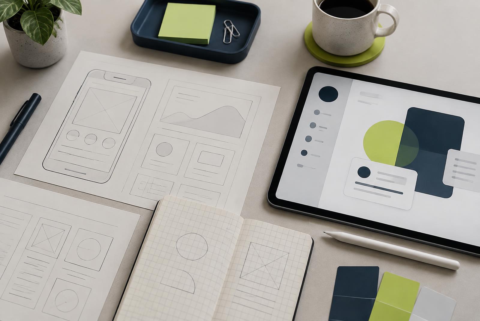 Illustrative flatlay of wireframe sketches and a tablet showing abstract interface layouts