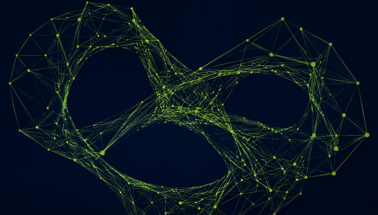 Abstract network mesh of lime green lines and nodes on a midnight blue background