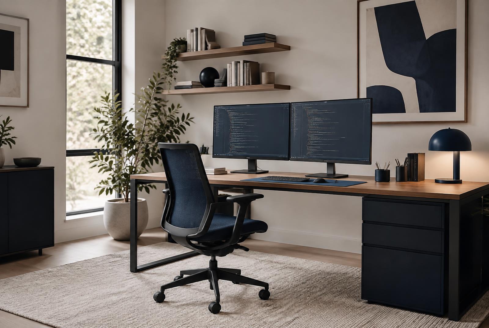 Illustrative photograph of a quiet software development workspace with monitors showing code beside a window